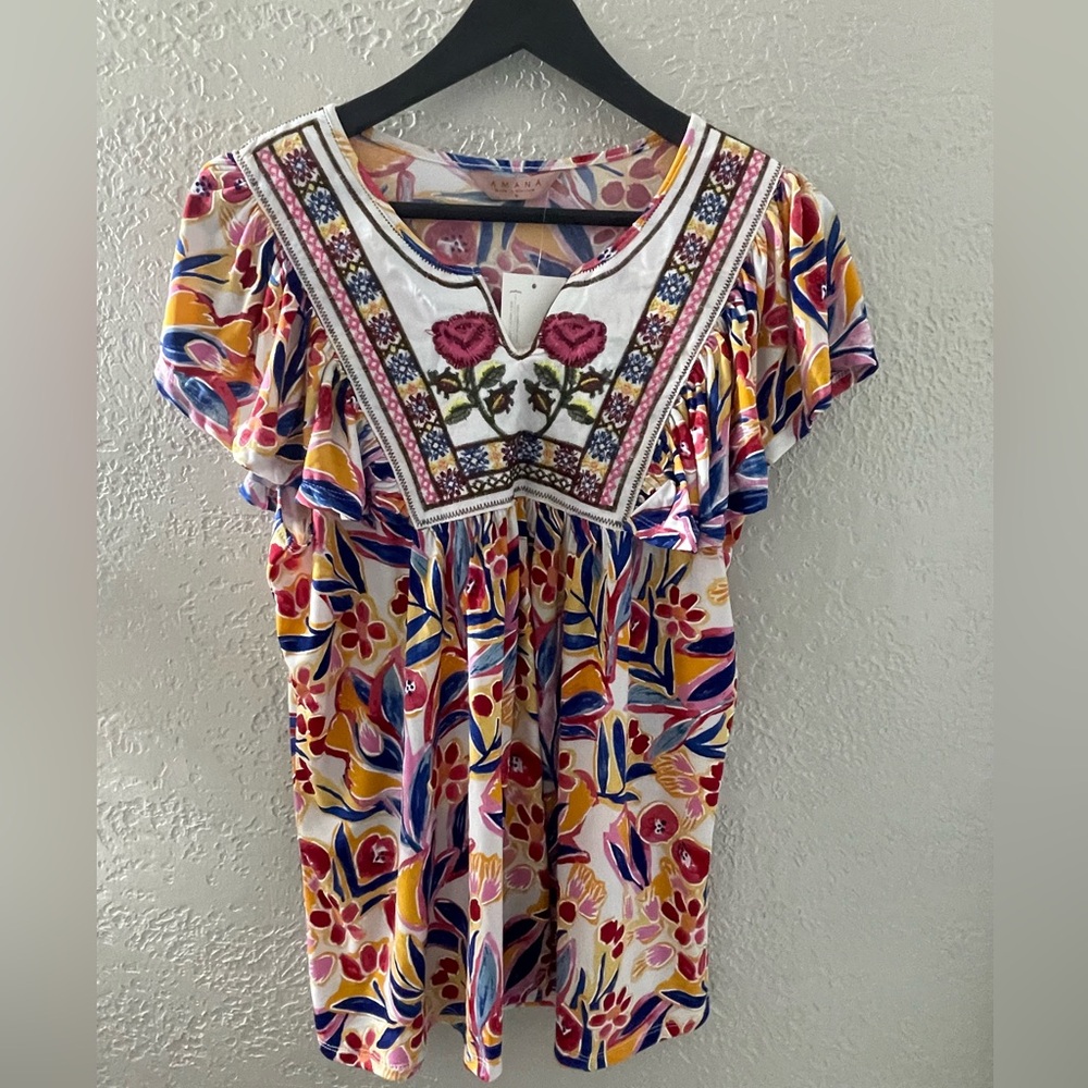 NWT Amana Women’s‎ Floral Embroidered Boho Short Sleeve Top Medium